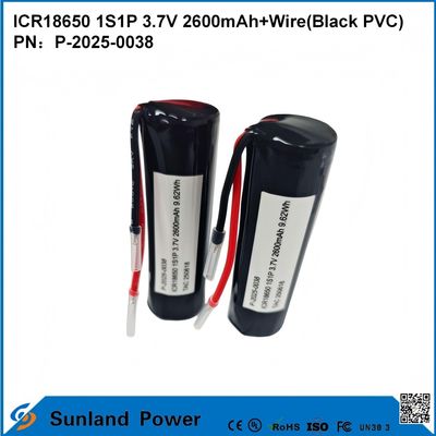 بطارية ICR18650 قابلة لإعادة الشحن 1S1P 3.7V 2600MAH + كابل (PVC الأسود)